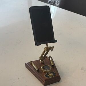 Handcrafted brass mobile cell phone stand with compass and pen holder